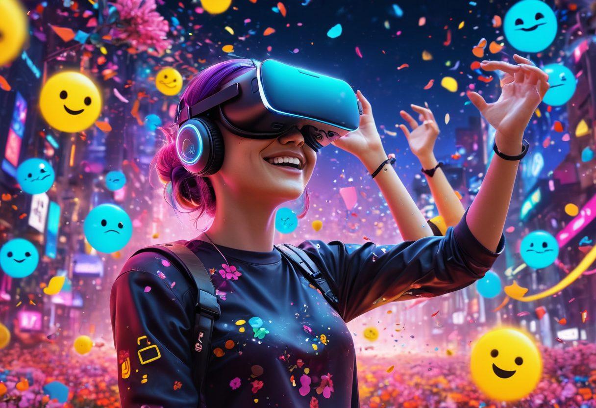 A whimsical digital landscape depicting a vibrant virtual world where colorful avatars dance joyfully amidst floating emojis and neon lights. In the foreground, a person wearing VR goggles smiles broadly, embracing the cheerful atmosphere. Surrounding them are trails of digital confetti and holographic flowers, symbolizing elation in the cyberspace. The sky is filled with uplifting phrases in playful fonts. cyberpunk. vibrant colors. 3D.