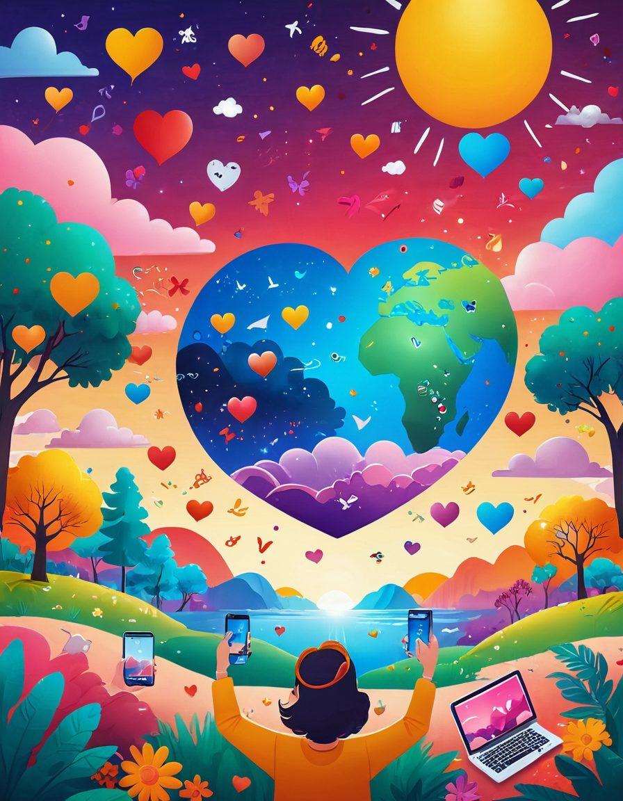 A colorful digital landscape showcasing a variety of joyful online experiences, including people laughing and connecting through video calls, vibrant social media icons, and whimsical virtual worlds. Incorporate elements like bright sunshine, floating hearts, and cheerful emojis to symbolize happiness and delight. The scene should evoke a sense of warmth and positivity, inviting the viewer to explore the digital universe. super-realistic. vibrant colors. whimsical art.